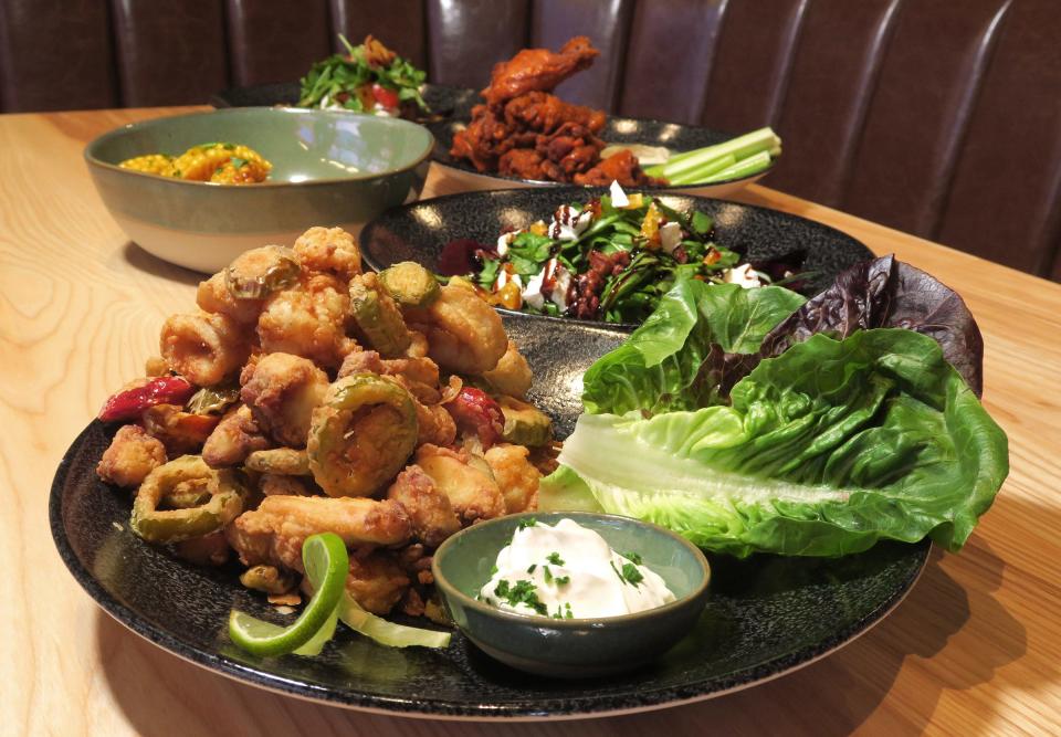 Fried Seafood and Uchucuta Sauce (shrimp, octopus, calamari, roasted corn, chile and herb dipping sauce) at Baseline Social.