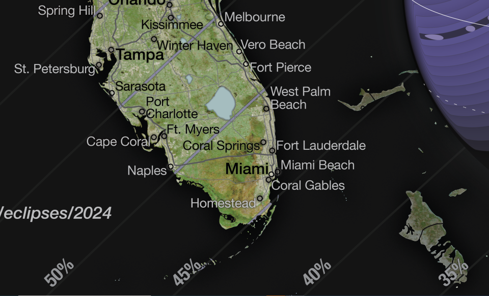 This map from NASA's Scientific Visualization Studio (Michala Garrison, Ernie Wright, Laurence Schuler and Ian Jones) shows the path of totality for the April 8, 2024, Total Solar Eclipse. The map includes states that are not in the path, like Florida. However, the map does note the percentage of visibility by state and city.