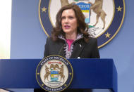 FILE - Michigan Gov. Gretchen Whitmer speaks at a news conference on Friday, March 11, 2022, at the governor's office in Lansing, Mich. Anticipating that Roe v Wade would be overturned or weakened, Whitmer asked the Michigan Supreme Court last month to declare a state constitutional right to abortion and to strike down a near-total abortion ban that would go back into effect if Roe is overruled. (AP Photo/David Eggert, File)