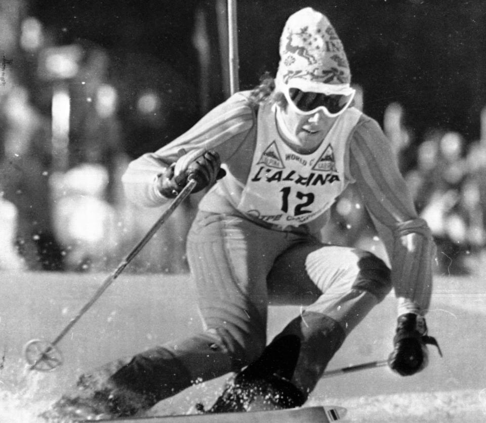 FILE - Swedish ski star Ingemar Stenmark in action in the World Cup Special Slalom, in Madonna Di Campiglio, Italy, on Dec. 17, 1974. To Ingemar Stenmark all this fuss over Mikaela Shiffrin as she approaches his record of 86 World Cup skiing victories is beside the point. Because the 66-year-old Swede believes the American is already on another level. “She’s much better than I was. You cannot compare,” Stenmark said in an interview with The Associated Press. “ (AP Photo)