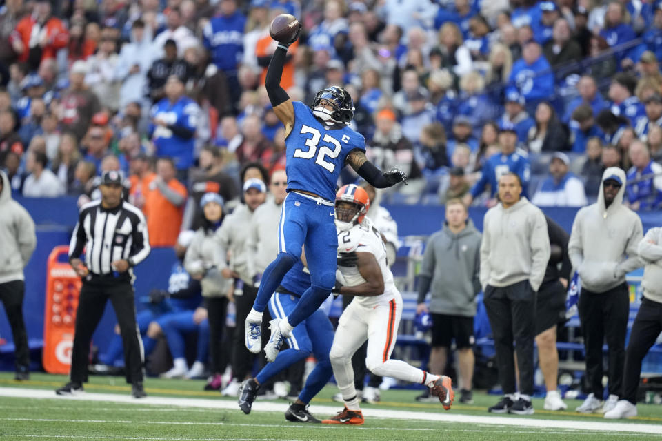 Indianapolis Colts safety Julian Blackmon (32) breaks up a pass intended for Cleveland Browns wide receiver Amari Cooper (2) during the second half of an NFL football game, Sunday, Oct. 22, 2023, in Indianapolis. (AP Photo/Michael Conroy)