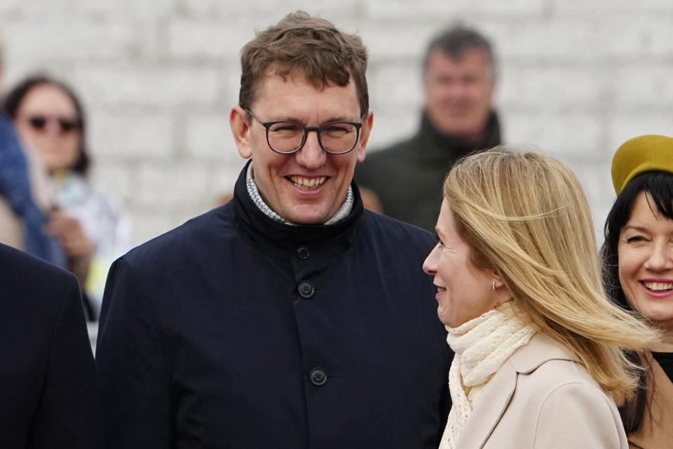 FILE - Estonian Prime Minister Kaja Kallas, walks past Minister of Climate Kristen Michal before an official welcoming ceremony for Sweden's King Carl XVI Gustaf and Queen Silvia at Vabaduse (Freedom) square in Tallinn, Estonia, on May 2, 2023. Estonia’s ruling center-right Reform Party on Saturday tapped Climate Minister Kristen Michal as a prime minister candidate to replace the Baltic country’s outgoing leader Kaja Kallas who is set to become the European Union’s new foreign policy chief. (AP Photo/Pavel Golovkin)