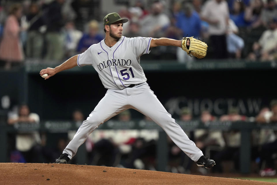 Colorado Rockies starting pitcher Karl Kauffmann throws during the first inning of a baseball game against the Texas Rangers in Arlington, Texas, Friday, May 19, 2023. (AP Photo/LM Otero)