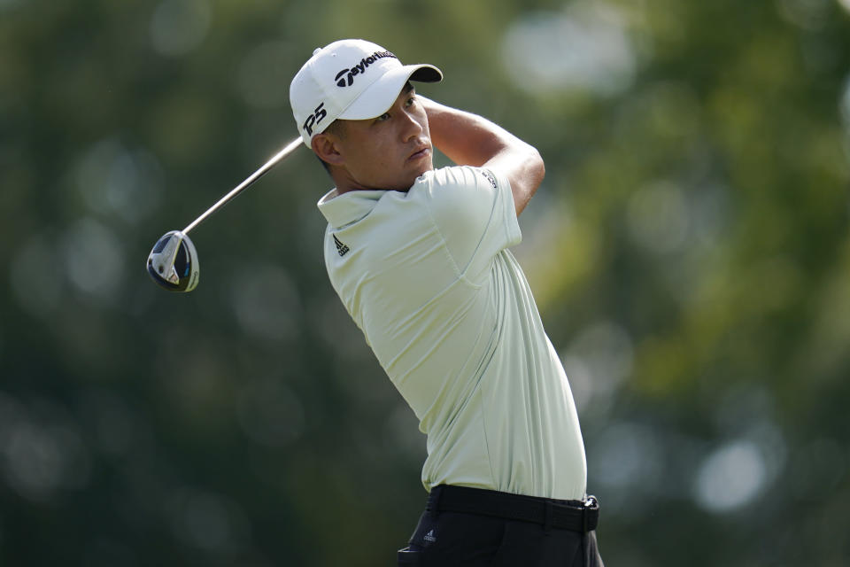Collin Morikawa tees off on the 17th hole during the ProAm at the BMW Championship golf tournament at Wilmington Country Club, Wednesday, Aug. 17, 2022, in Wilmington, Del. The BMW Championship tournament begins on Thursday. (AP Photo/Julio Cortez)