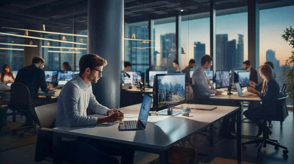 Skillful IT professionals sitting at their desks in a modern office.