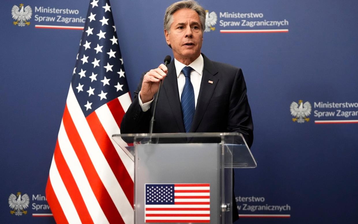 Antony Blinken speaks at a press conference with the Polish foreign minister Radosław Sikorski