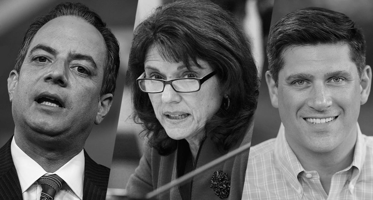 Former White House chief of staff Reince Priebus, far left, Wisconsin state Sen. Leah Vukmir and first-time U.S. Senate candidate Kevin Nicholson. (Photos: Andrew Harnik/AP, Mark Hoffman/Milwaukee Journal Sentinel/AP, Kevin Nicholson/AP)