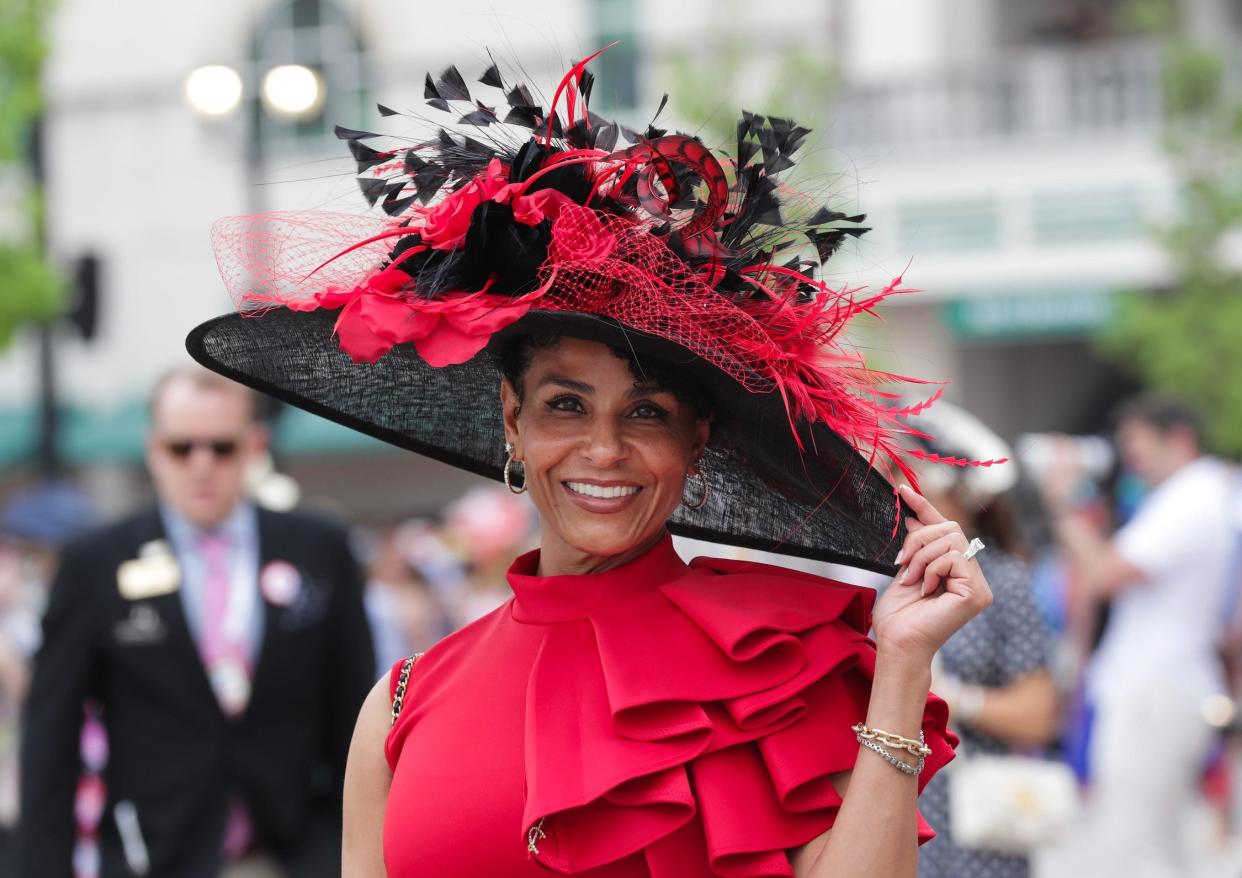 May 4, 2024; Louisville, KY, USA; Michelle Barnes wears a fashionable hat as she arrived for the Kentucky Derby in Louisville, Ky. on May. 4 2024. Mandatory Credit: Sam Upshaw, Jr.-USA TODAY Sports