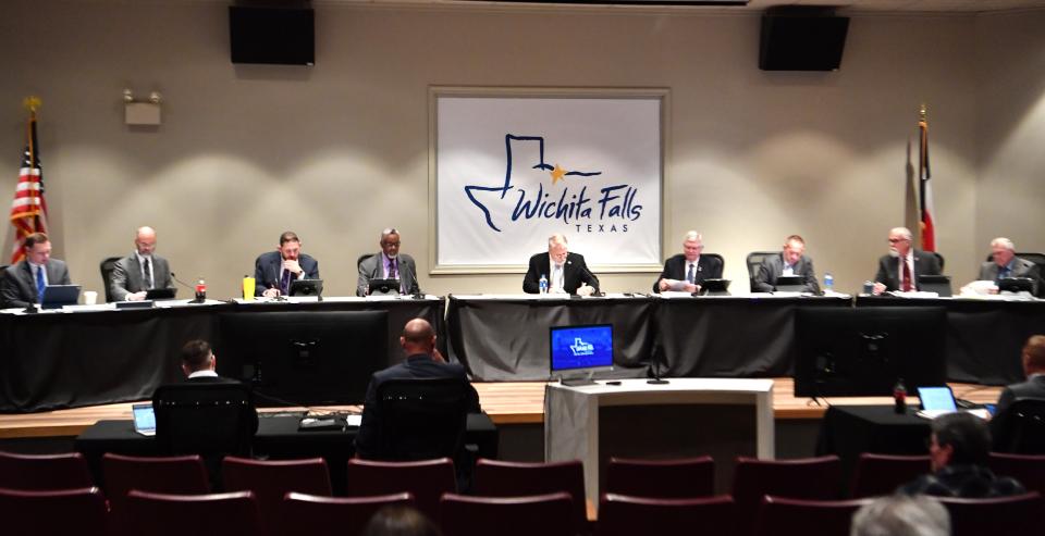 The Wichita Falls City Council in a meeting Aptril 2, 2024, at the Ray Clymer Exhibit Hall in Wichita Falls.