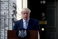 Britain's new Prime Minister, Boris Johnson, delivers a speech outside Downing Street, in London