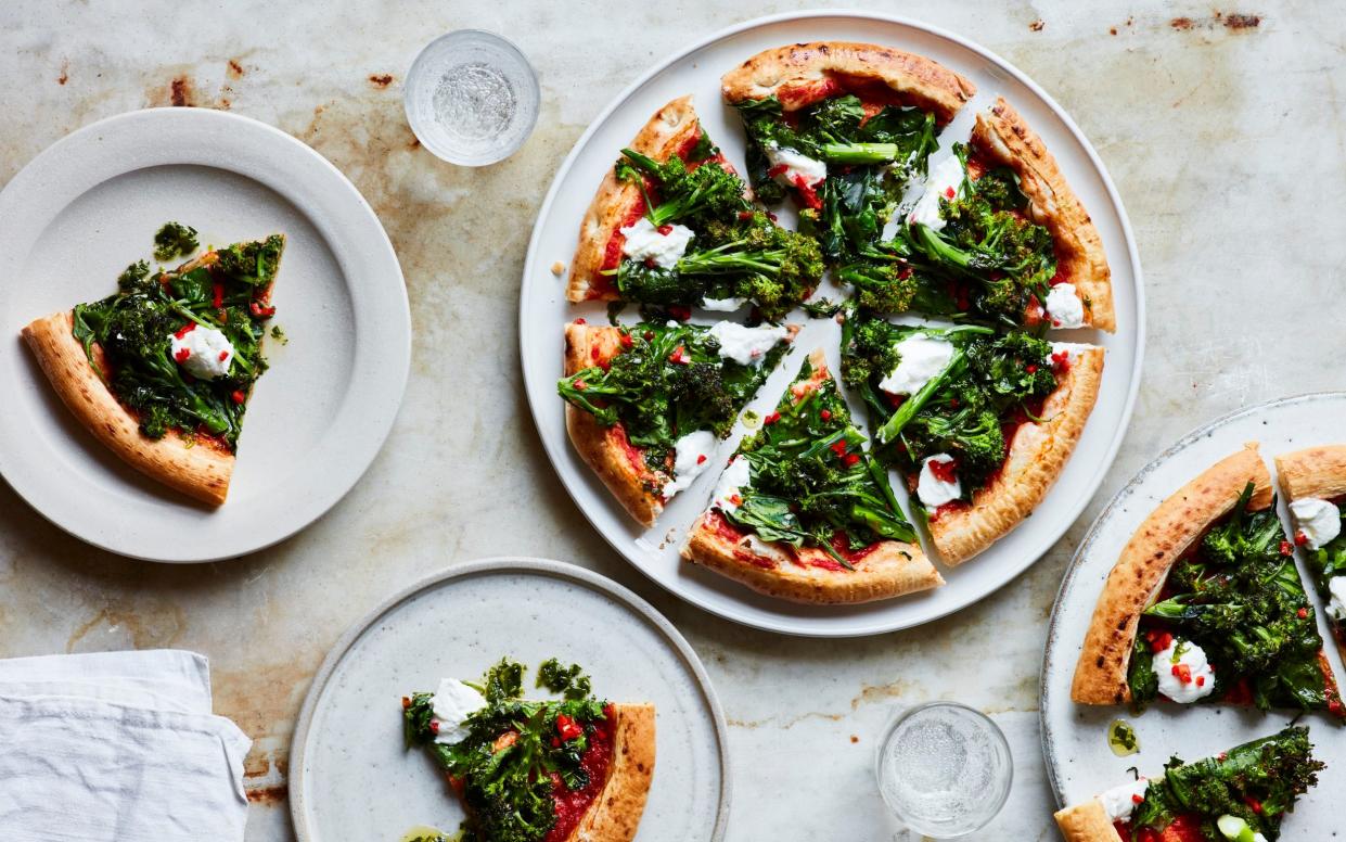 Broccoli and goat's curd pizzas