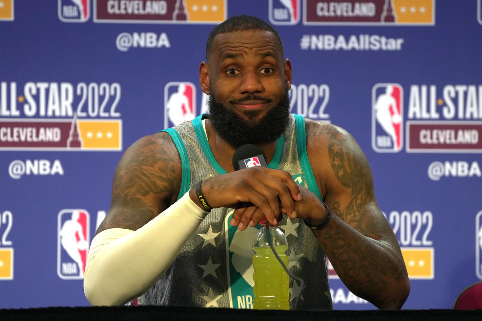 CLEVELAND, OHIO - FEBRUARY 20: LeBron James speaks to the media after defeating Team Durant 163-160 in the 2022 NBA All-Star Game at Rocket Mortgage Fieldhouse on February 20, 2022 in Cleveland, Ohio. NOTE TO USER: User expressly acknowledges and agrees that, by downloading and or using this photograph, User is consenting to the terms and conditions of the Getty Images License Agreement.  (Photo by Kevin Mazur/Getty Images)