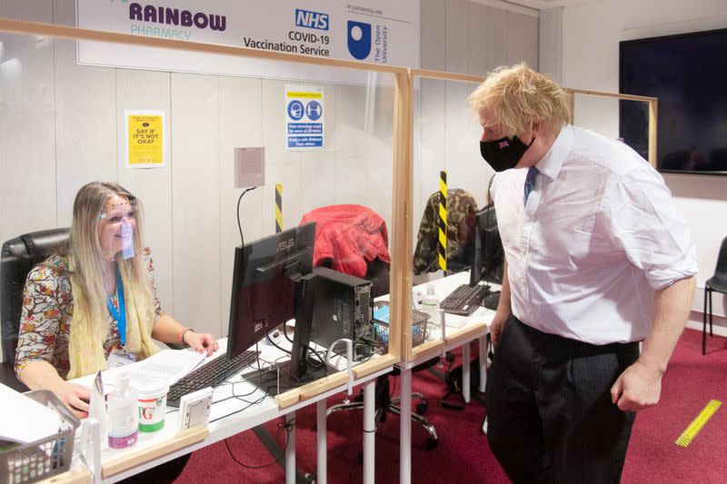 British Prime Minister Boris Johnson visits COVID-19 vaccination centre in Milton Keynes