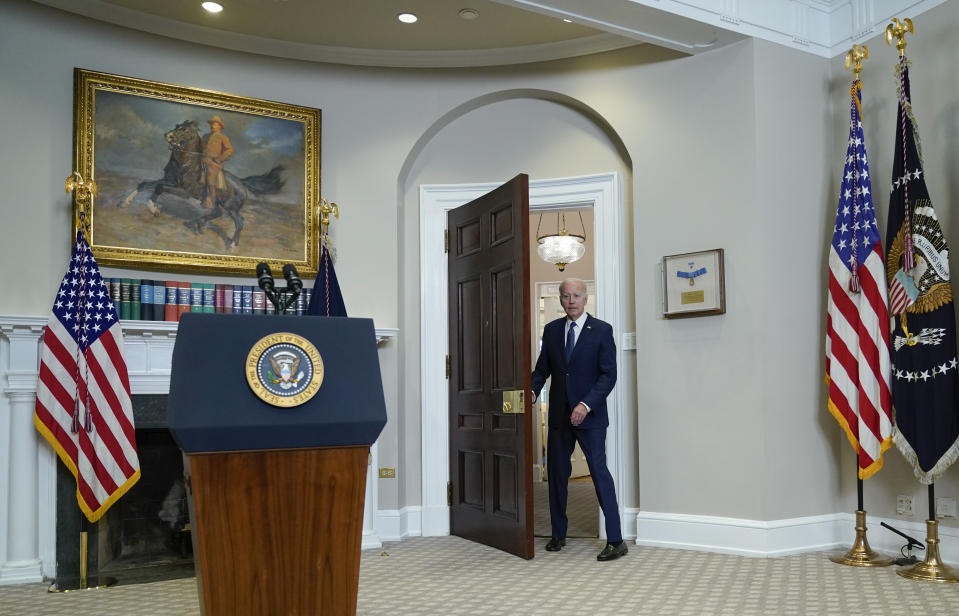 President Joe Biden arrives to speak in the Roosevelt Room of the White House, Sunday, May 28, 2023, in Washington. Biden and House Speaker Kevin McCarthy reached a final agreement Sunday on a deal to raise the nation's debt ceiling while trying to ensure enough Republican and Democratic votes to pass the measure in the coming week. (AP Photo/Manuel Balce Ceneta)