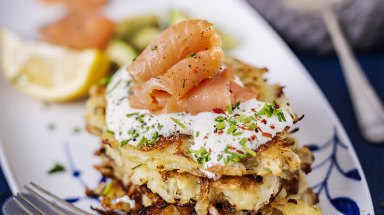 Latkes topped with smoked salmon