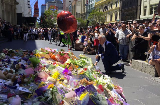 Prime Minister Malcolm Turnbull laid floral tributes at Bourke Street at the scene of the rampage. Picture: 7 News