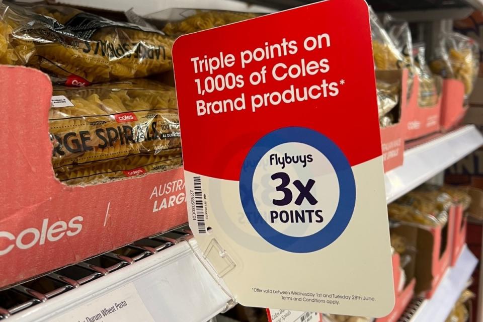 Coles triple Flybuys points sign on pasta shelf