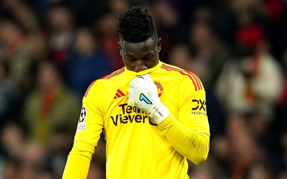 Manchester United goalkeeper Andre Onana looks upset