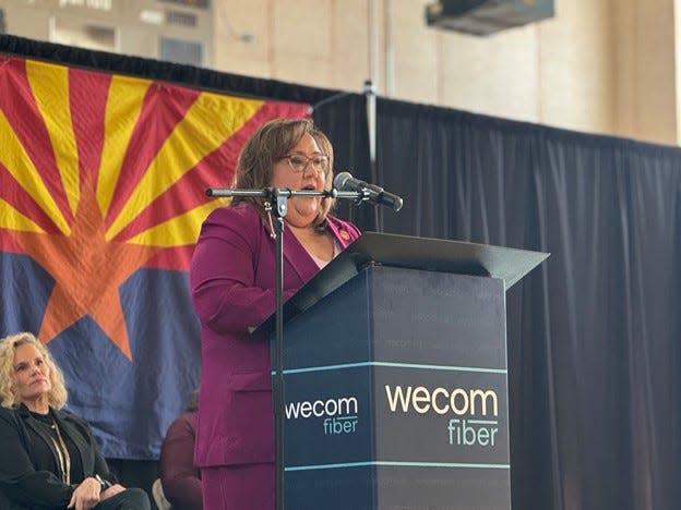 Superior Mayor Mila Besich speaks at a groundbreaking for a fiber optic pilot program by internet provider WeCom in Superior, Ariz. on Dec. 1, 2023.