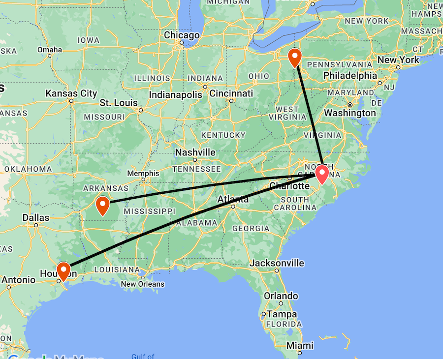 This map shows the general transportation routes of PFAS and GenX waste from Chemours’s Fayetteville Works plant in Bladen County, to East Liverpool, Ohio (540 miles); Deer Park, Texas (1,154 miles); and El Dorado, Ark., (940 miles).