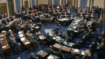 In this image from video, Senators vote on approving the rules for the impeachment trial against President Donald Trump in the Senate at the U.S. Capitol in Washington, Wednesday, Jan. 22, 2020. Senate resolution 483 passed along a party-line vote of 53-47. (Senate Television via AP)