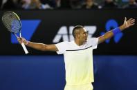 Nick Kyrgios of Australia reacts to a line call during his men's singles quarter-final match against Andy Murray of Britain at the Australian Open 2015 tennis tournament in Melbourne January 27, 2015. REUTERS/Athit Perawongmetha