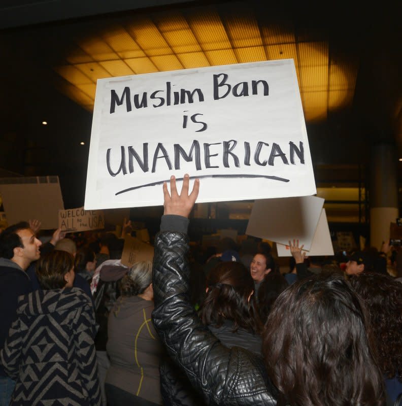 Hundreds of people who oppose President Donald Trump's executive order temporarily halting immigration from certain Muslim-majority nations protest at Los Angeles International Airport on January 28, 2017. File Photo by Jim Ruymen/UPI