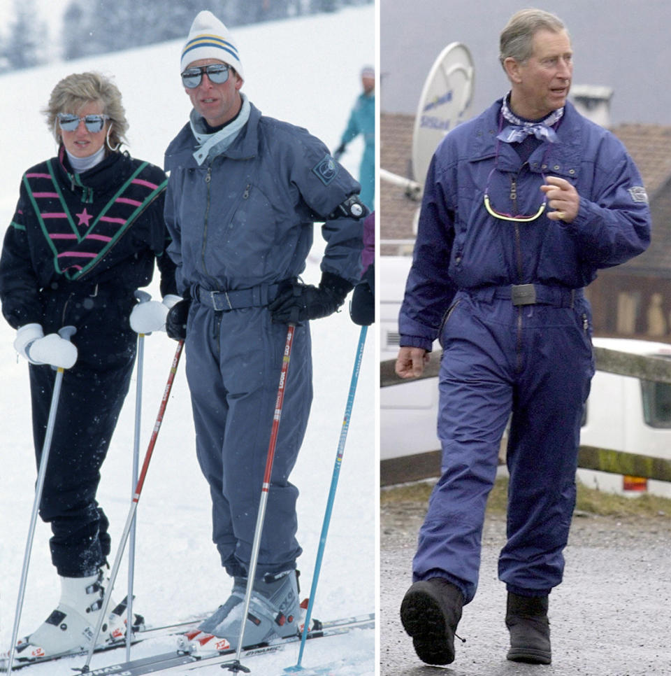 Prinz Charles scheint einen absoluten Lieblings-Skianzug zu besitzen. Seit vielen Jahren düst er in seinem blauen Overall die Pisten hinunter. 1988 noch zusammen mit Prinzessin Diana in Klosters (Schweiz). 17 Jahre später: Gleicher Ort und gleicher Skianzug.