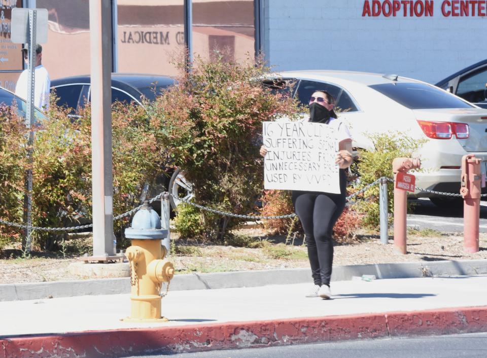 A protest was held in Victorville on Sunday, Sept. 24, 2023 in response to a 16-year-old girl being forcefully slammed to the ground by what appeared to be a uniformed San Bernardino County Sheriff's Department deputy at Victor Valley High School on Sept. 22, 2023.