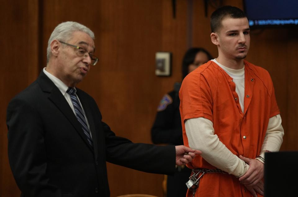 Hackensack, NJ -- April 12, 2024 -- Attorney Nathan Kittner with his client Dylan Rodriguez during Rodriguez's sentencing for his role in the murder of David Duque-Soto.