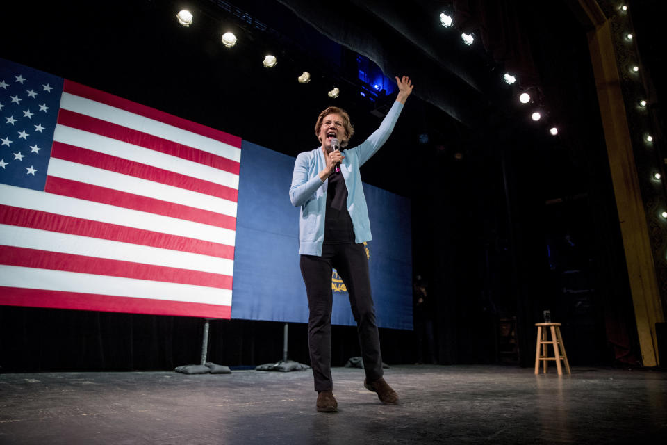 Democratic presidential candidate Sen. Elizabeth Warren, D-Mass., arrives at a campaign stop at Rochester Opera House, Monday, Feb. 10, 2020, in Rochester, N.H. (AP Photo/Andrew Harnik)