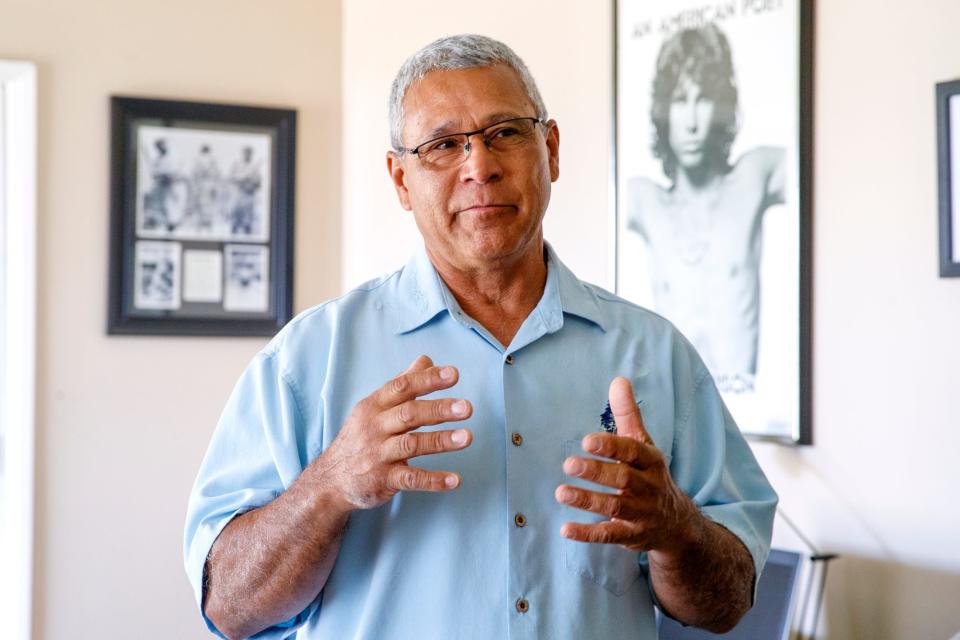 Daniel Marquez, a mental health advocate keen on giving back to his community, recalls significant moments in his life while being interviewed in Palm Desert, Calif., on May 9, 2022. 