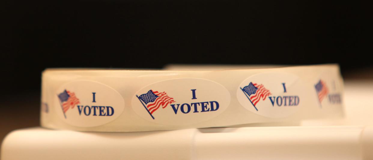 "I Voted" stickers wait to be handed out at a Fond du Lac area polling station.