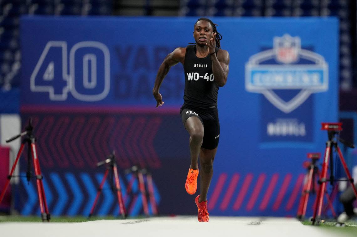 New Kansas City Chiefs wide receiver Xavier Worthy ran an official time of 4.21 seconds to set an event record during the 2024 NFL Combine at Lucas Oil Stadium in Indianapolis.