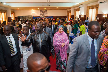 U.N. Deputy Secretary-General Amina Mohammed and Liberia's President George Weah, leave City Hall after attending the closing ceremony of National Reconciliation Conference in Monrovia, Liberia March 22, 2018. Amina Mohammed is visiting the country to attend the celebrations of the completion of the UNMIL Mandate. Albert Gonzalez Farran/UNMIL/Handout via REUTERS THIS IMAGE HAS BEEN SUPPLIED BY A THIRD PARTY. NO RESALES. NO ARCHIVES