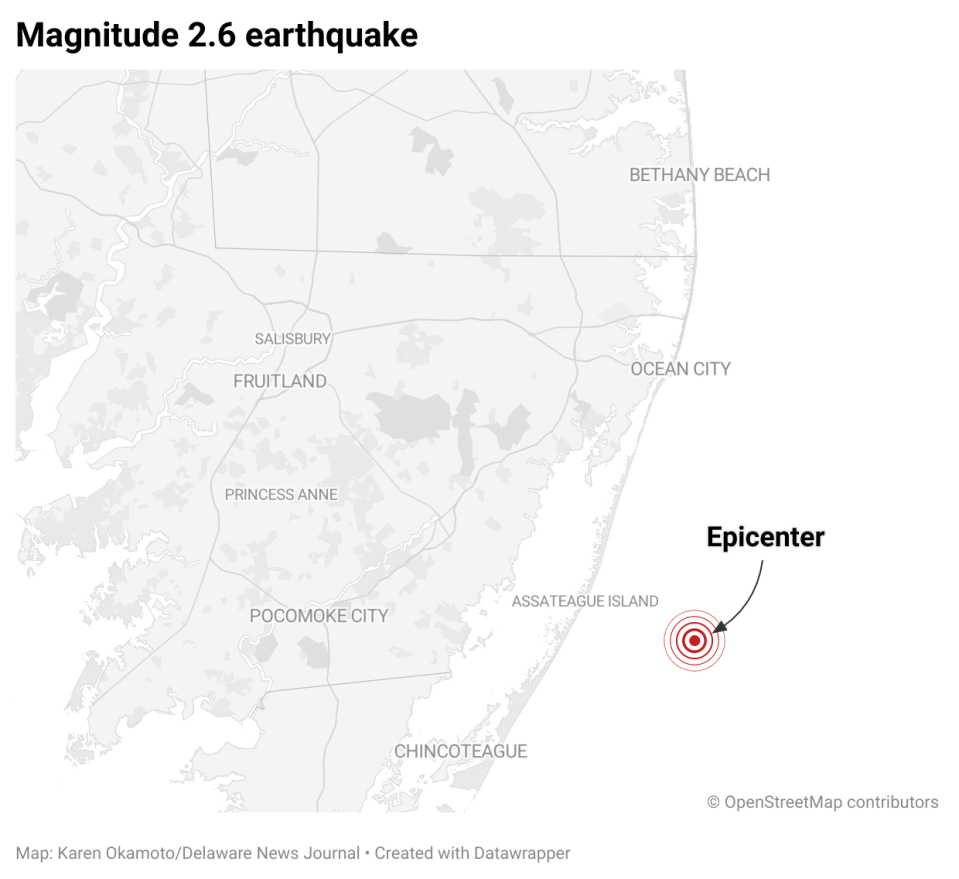 A 2.6 magnitude earthquake was recorded about 19 miles east of Chincoteague, Va., or 37 miles southeast of Salisbury, Md., at about 8:21 p.m. Wednesday.