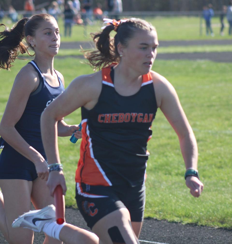 Running a leg in the 4X100 relay, sophomore Olivia Patrick is one of the more versatile athletes in the Cheboygan track and field program.