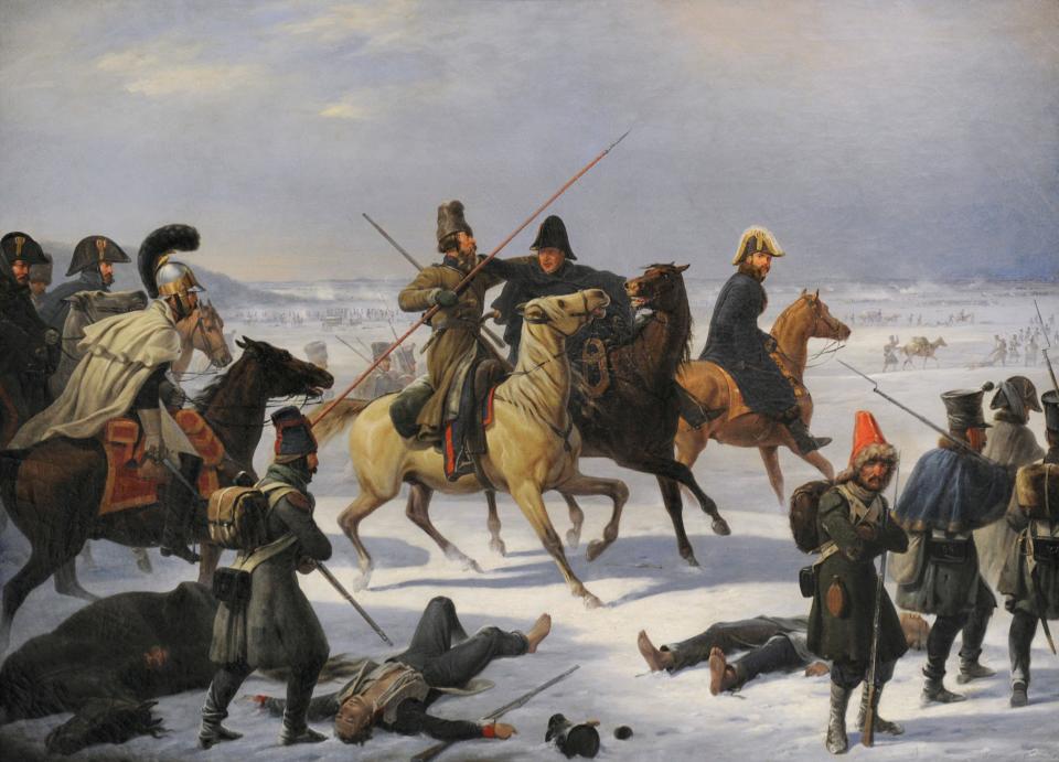 A painting of Napoleon's Grand Army being attacked during their retreat from Moscow.