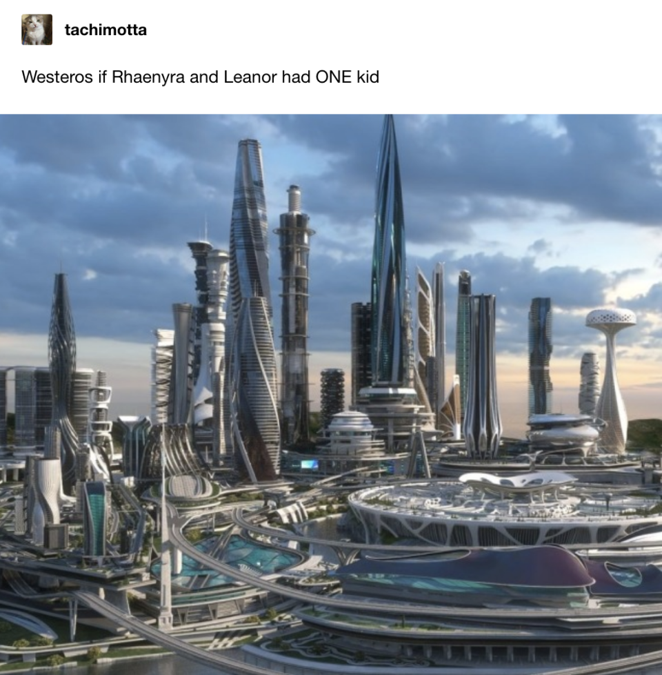 A Future World cityscape with "Westeros if Rhaenyra and Laenor had one kid"