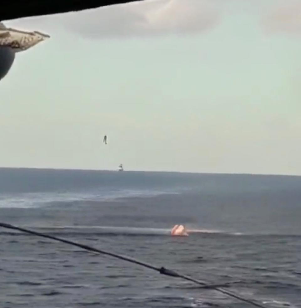 Imagery of the pilot being winched to safety by the helicopter. <em>Twitter/X screen cap </em>