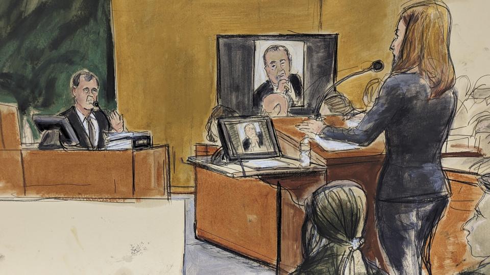 Assistant US Attorney Megan Farrell at podium, far right questions government witness Alejandro Burzaco, on witness stand,, Wednesday, Jan. 18, 2023, in the Brooklyn borough of New York. On the display board is a photo of a former FIFA executive, Julio Grondona. (Elizabeth Williams via AP)