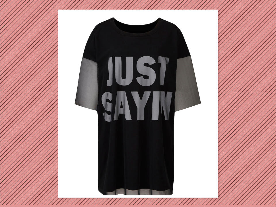 <p>‘Just Sayin’ Mesh Overlay Tunic, $41, <a rel="nofollow noopener" href="https://www.simplybe.com/en-us/products/just-sayin-mesh-tu/p/CM780#v=color%3ACM780_BLACK%7C" target="_blank" data-ylk="slk:Simply Be;elm:context_link;itc:0;sec:content-canvas" class="link ">Simply Be</a> (Photo: Simply Be) </p>