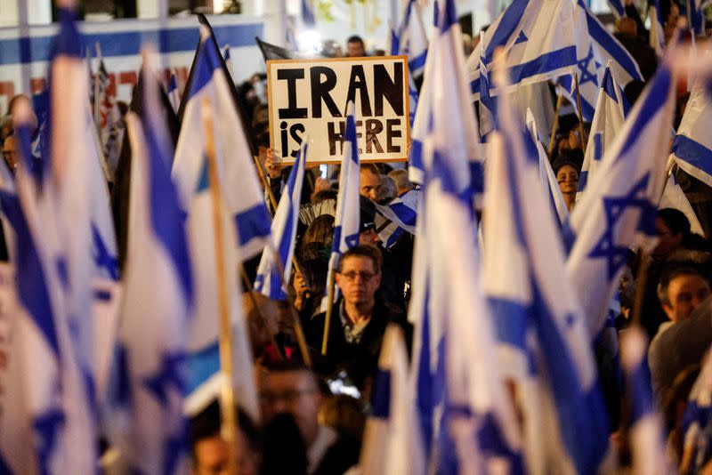 protest against Prime Minister Benjamin Netanyahu's new right-wing coalition and its proposed judicial reforms to reduce powers of the Supreme Court in Tel Aviv