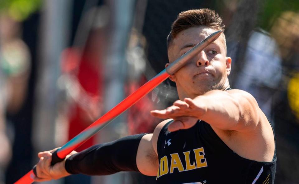 Andale’s Riley Marx was the easy winner of the 4A javelin at the Kansas State High School Track and Field Championships at Cessna Stadium on Friday.