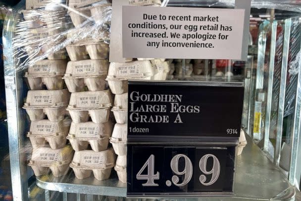 PHOTO: A grocery store in Cheverly, Md., posts a sign to apologize for the increased price of their eggs, Tuesday, Jan. 10, 2023. (Susan Walsh/AP)