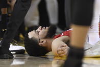 Toronto Raptors guard Fred VanVleet #23 lays on the floor as blood flows from below his eye during second half basketball action against the Golden State Warriors in Game 4 of the NBA Finals in Oakland, California on Friday, June 7, 2019. (Photo by The Canadian Press/Frank Gunn)