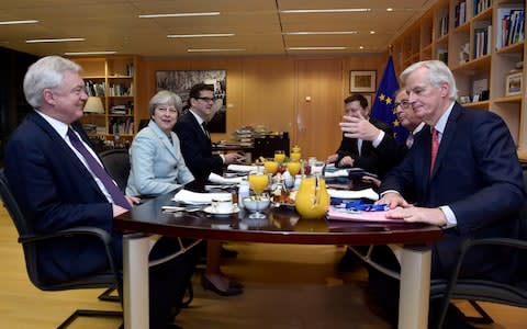 Britain's Secretary of State for Exiting the EU Davis, Britain's PM May, EC President Juncker and EU's chief Brexit negotiator Barnier meet at the European Commission in Brussels - Credit: REUTERS/Eric Vidal