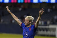 United States forward Megan Rapinoe finally leaves the field after a soccer game against South Africa and a special ceremony, Sunday, Sept. 24, 2023, in Chicago. (AP Photo/Erin Hooley)