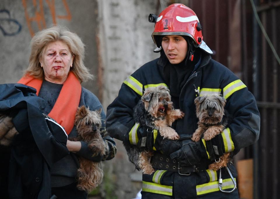 An emergency worker and an injured woman carry small dogs away from a partially destroyed building.