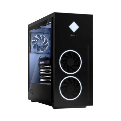 black HP OMEN 40L desktop tower with a view of the inside against a white background